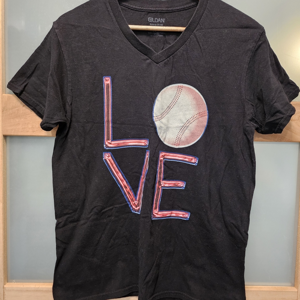 Gildan Black V-Neck Tee with Red & Blue LOVE Baseball Graphic